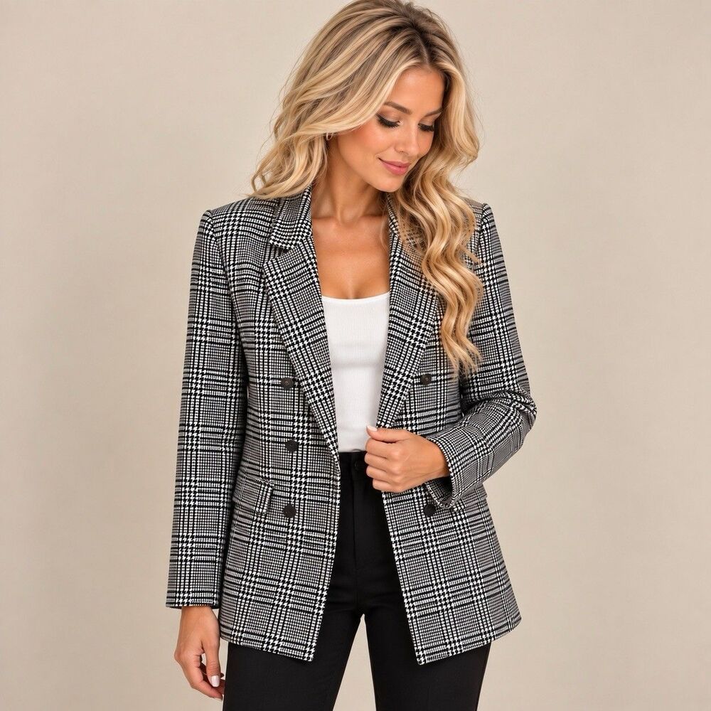 Tahari Womens Size 12 Houndstooth Plaid Double Breasted Blazer Jacket